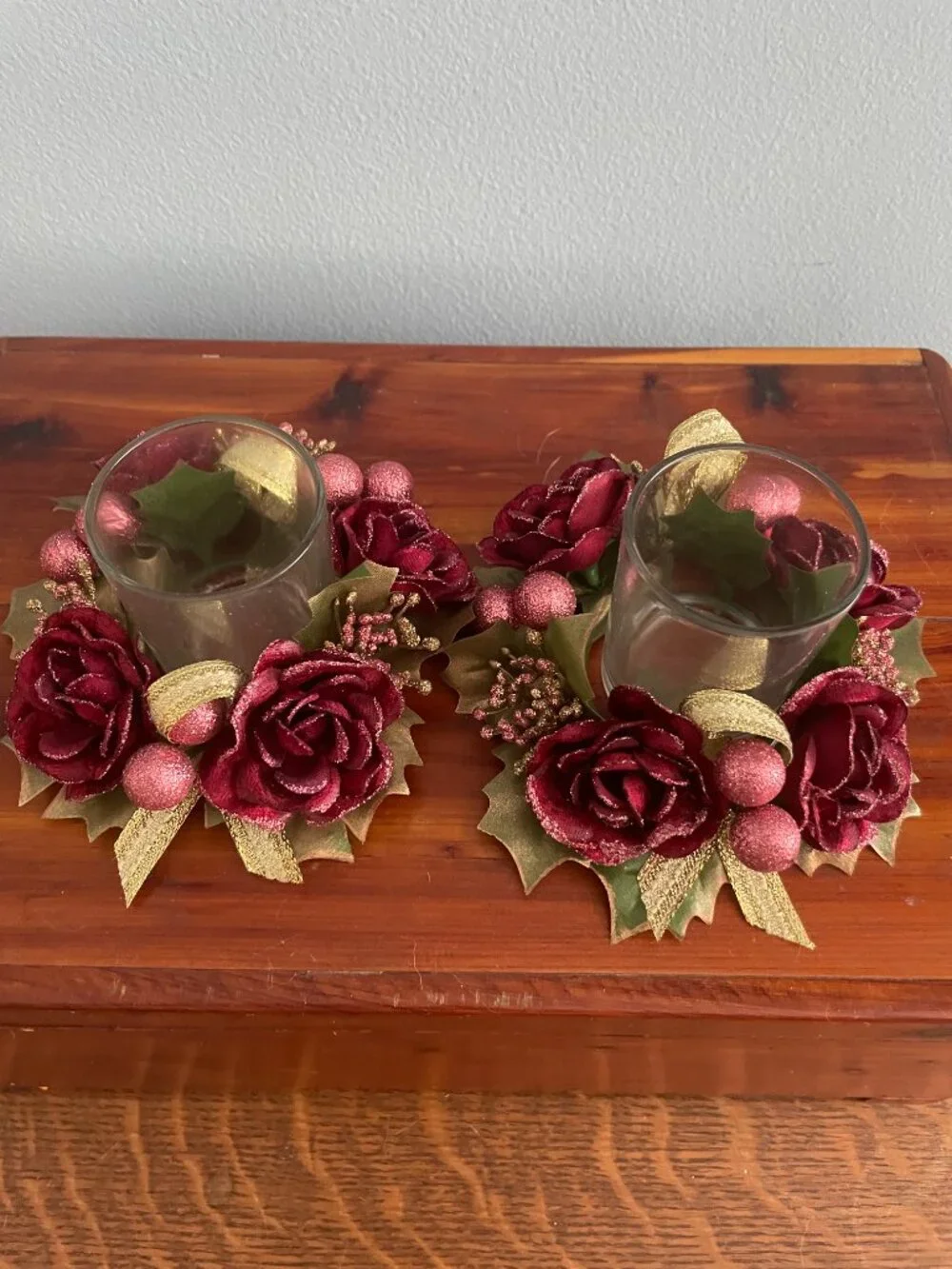 Set of 2 Votive Candle Holder Rings Floral Roses Cranberries Holly Christmas